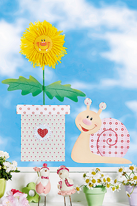 Blumen Fensterbild mit Löwenzahn und Schnecke