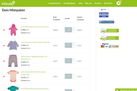 Kilenda.de im Test: Warenkorb
