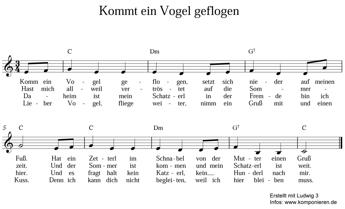 Kommt ein Vogel geflogen Noten